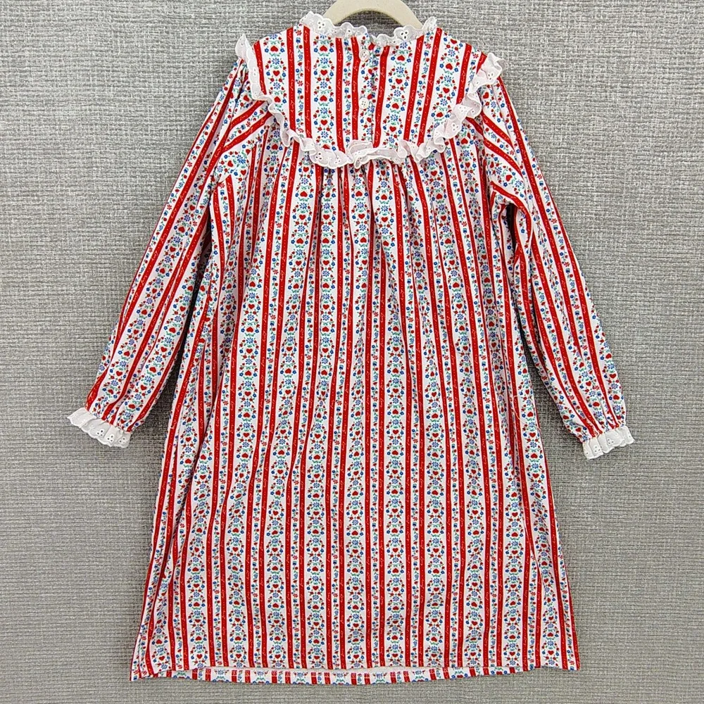 Lanz Kids Nightgown Pj Sleep‎ Shirt Flannel Long Sleeve Red Stripe Floral Sz 6/7
